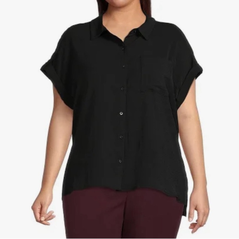 Calvin Klein Crinkle Gauze Short Cuffed Sleeve Button Front